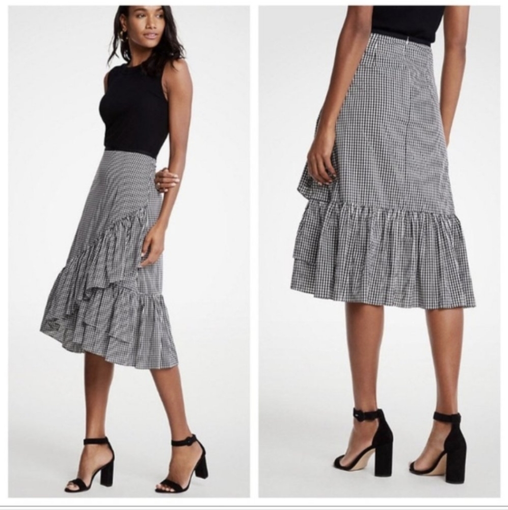 Ann Taylor asymmetrical gingham ruffle pleated midi skirt